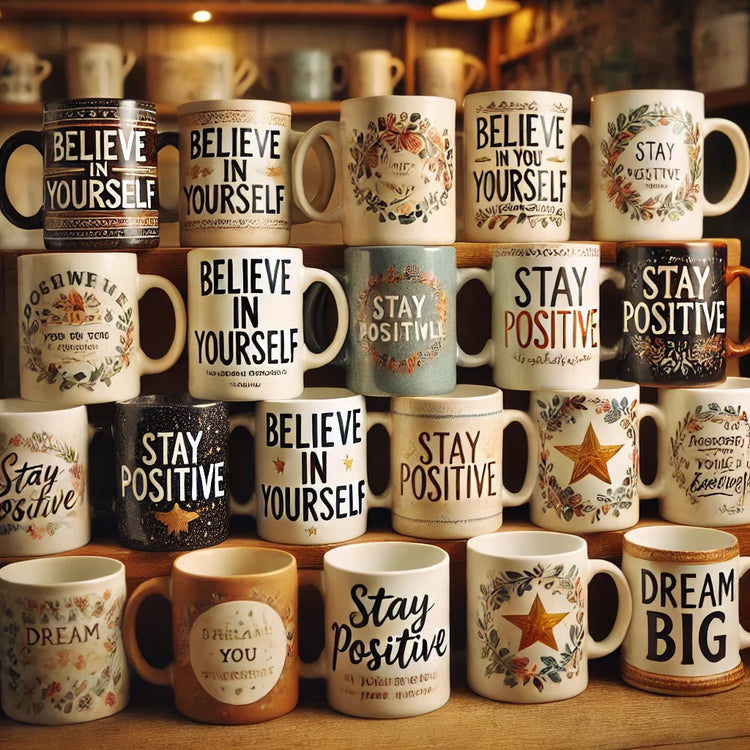 A group of mugs with various motivational quotes written on them