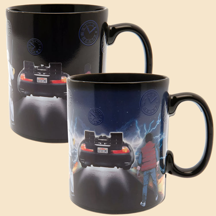 A picture showing the Back To The Future heat changing mug in both its incarnations