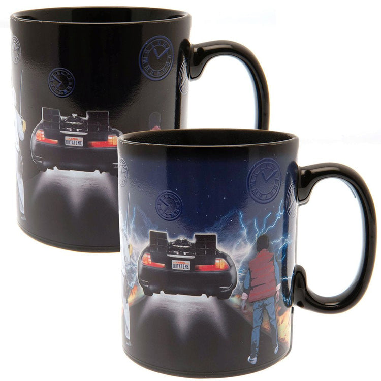 Showing the Back To The Future heat changing mug in both its hot and cold states