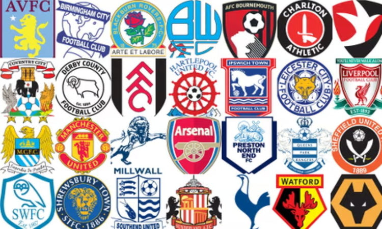 A collage of many football club badges from the English leagues