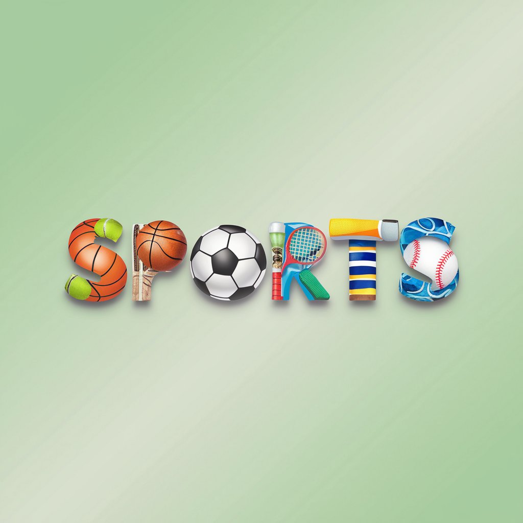 The word sports written using various sporting equipment to make up the letters on a pastel green background