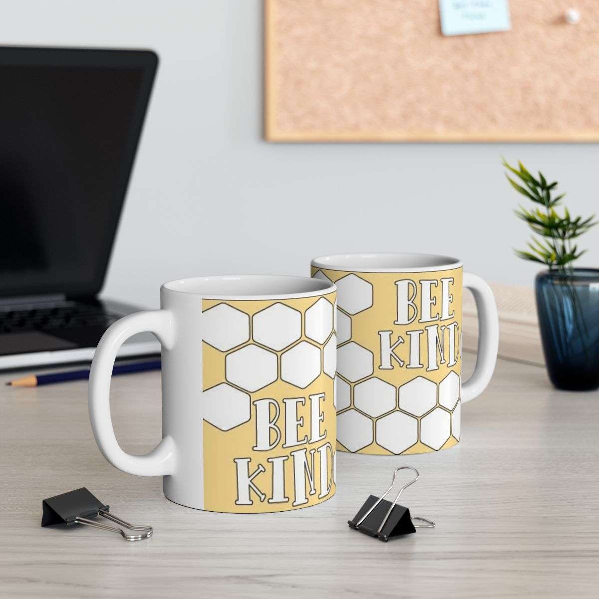 Bee Kind Mug Two Mugs On A Desk