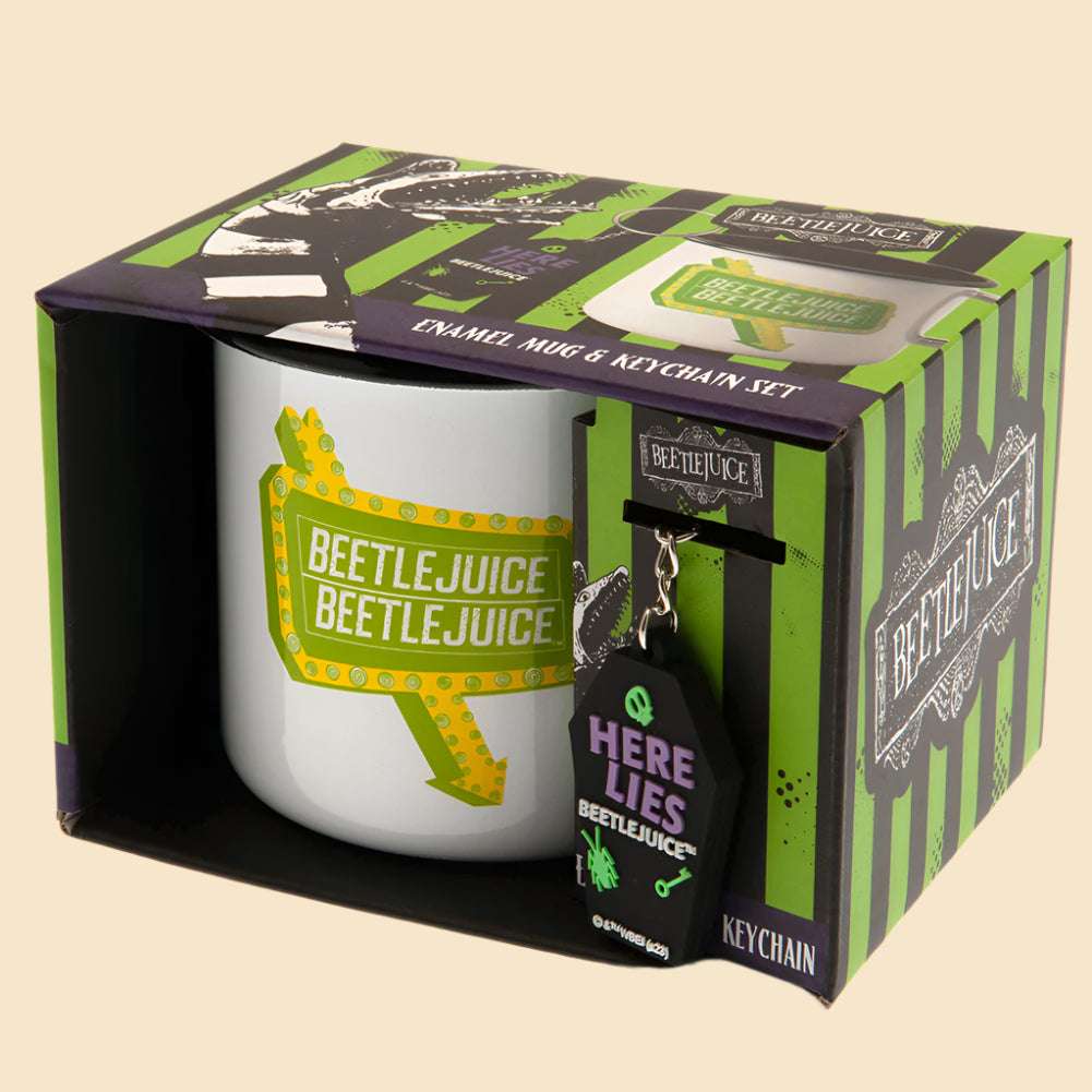 Beetlejuice Enamel Mug & Keyring Set in its packaging