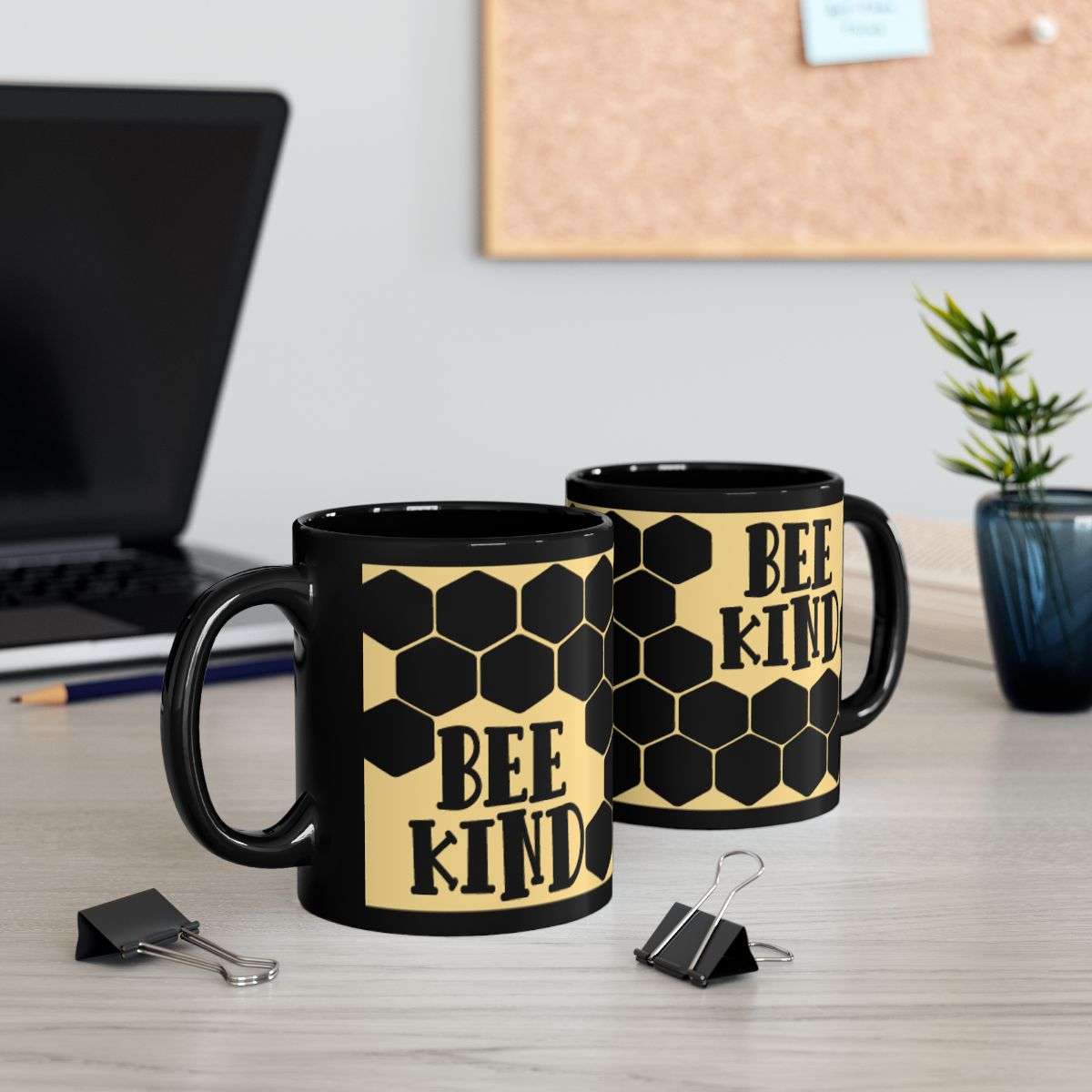 Black Bee Kind Mug Two Mugs On A Desk