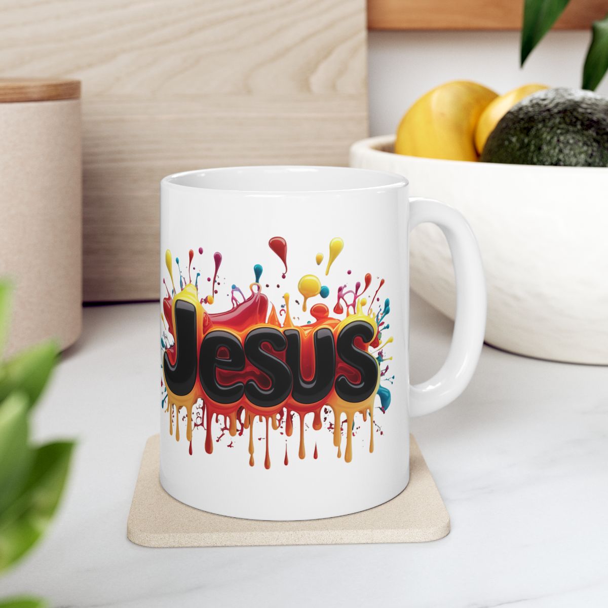 Bright Colourful Christian Jesus Mug Left Side View On A Coaster