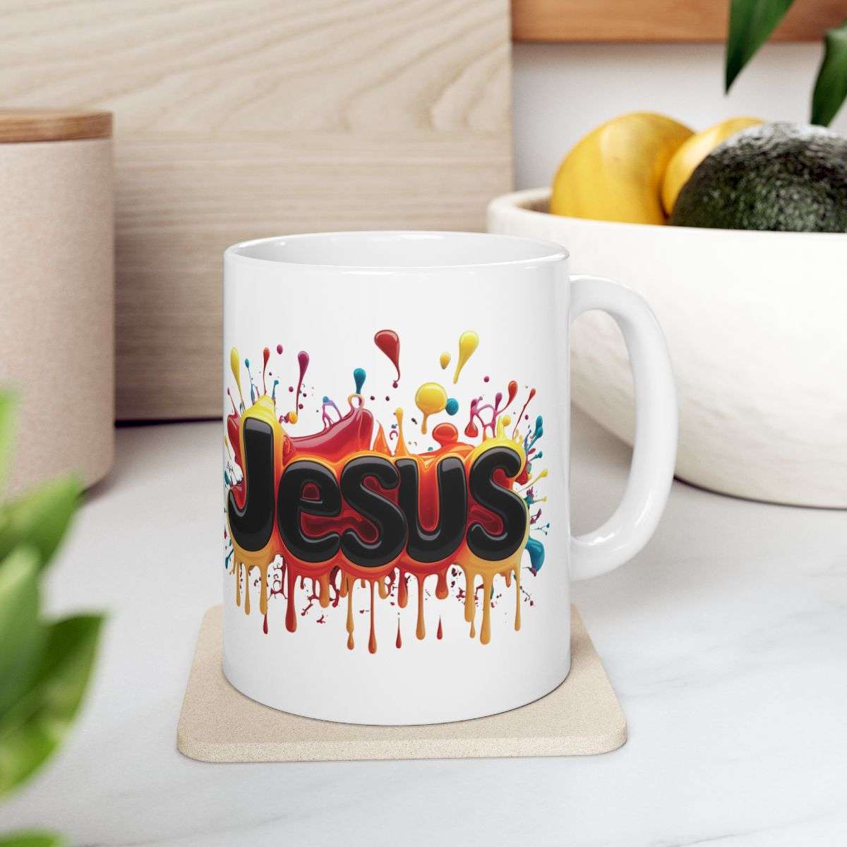 Bright Colourful Christian Jesus Mug Left Side View On A Coaster