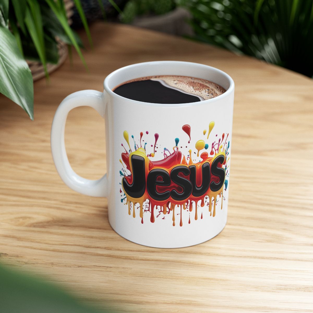 Bright Colourful Christian Jesus Mug Right Side View Full Of Coffee