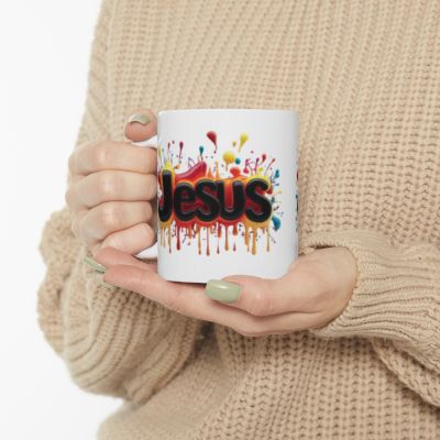 Bright Colourful Christian Jesus Mug Right Side View Someone Holding The Mug