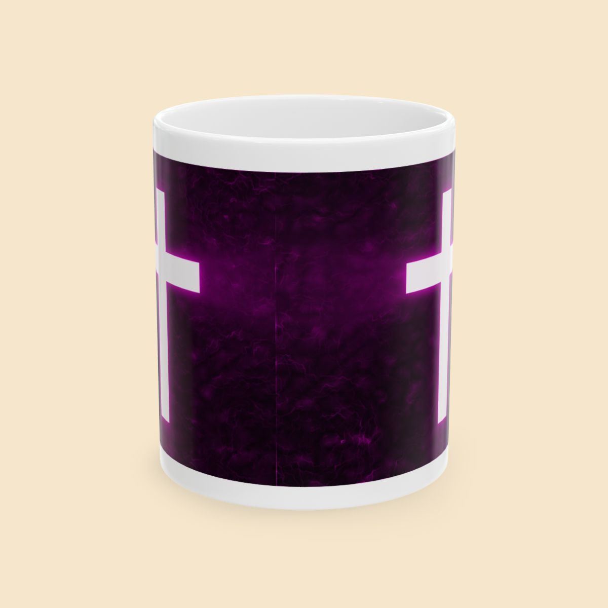 Christian Mug Bright Cross On A Dark Purple Background Front View