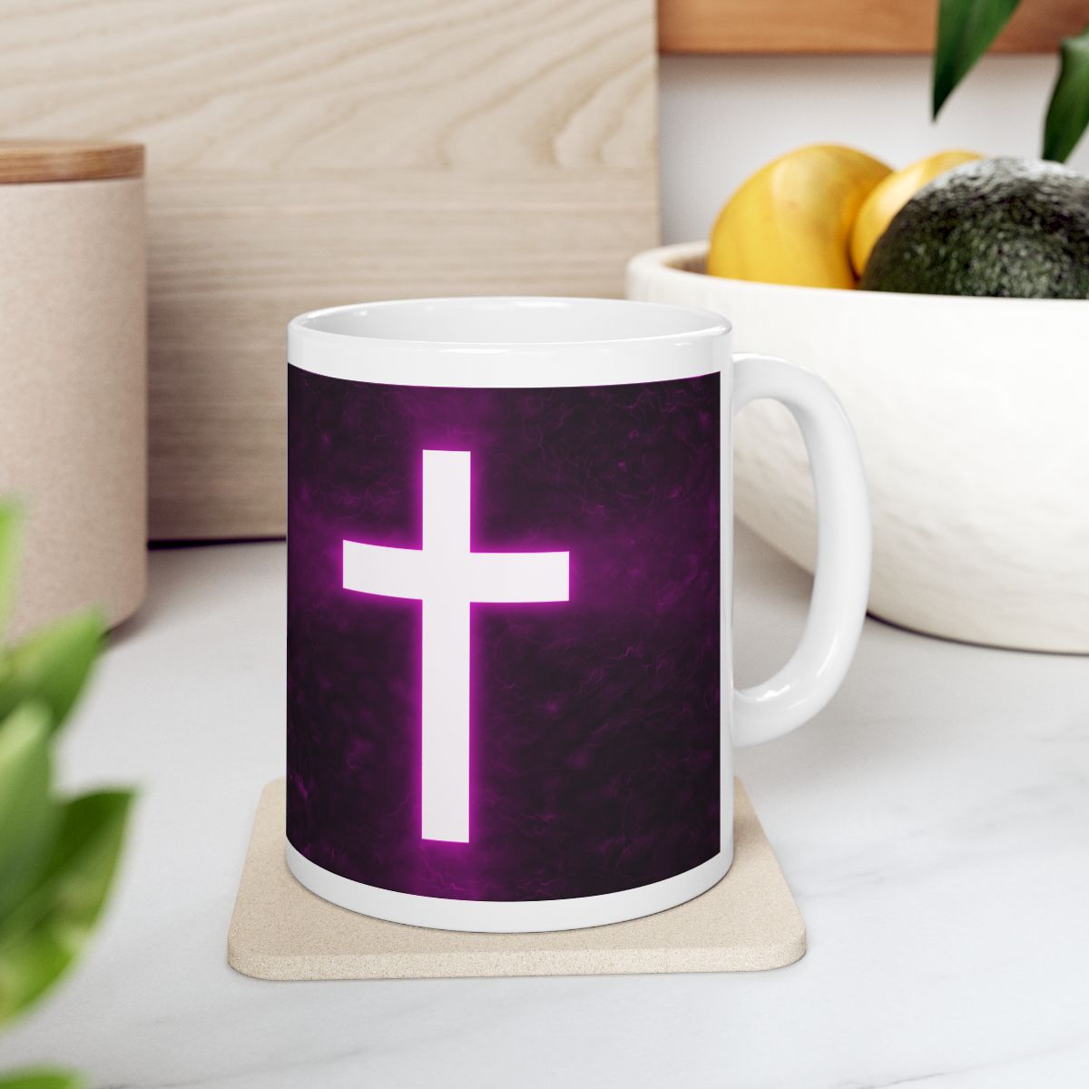 Christian Mug Bright Cross On A Dark Purple Background Left Side View On A Coaster