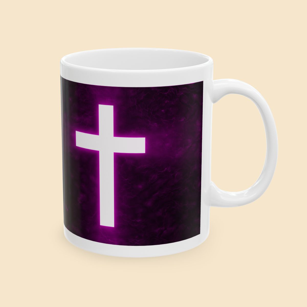 Christian Mug Bright Cross On A Dark Purple Background Left Side View