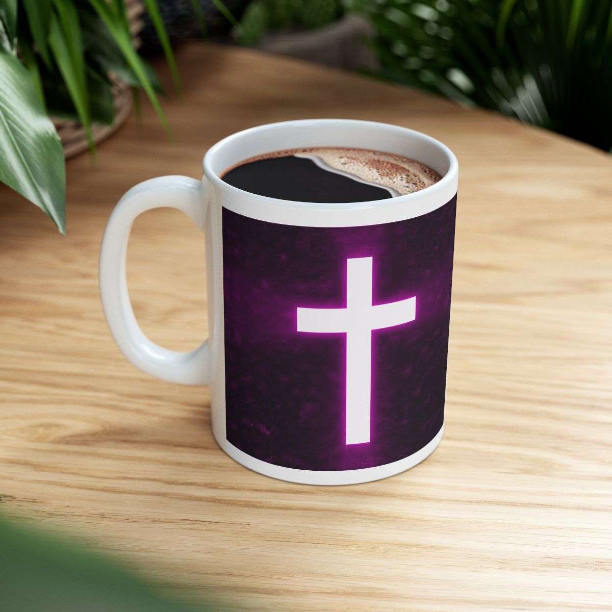 Christian Mug Bright Cross On A Dark Purple Background Right Side View Filled With Coffee