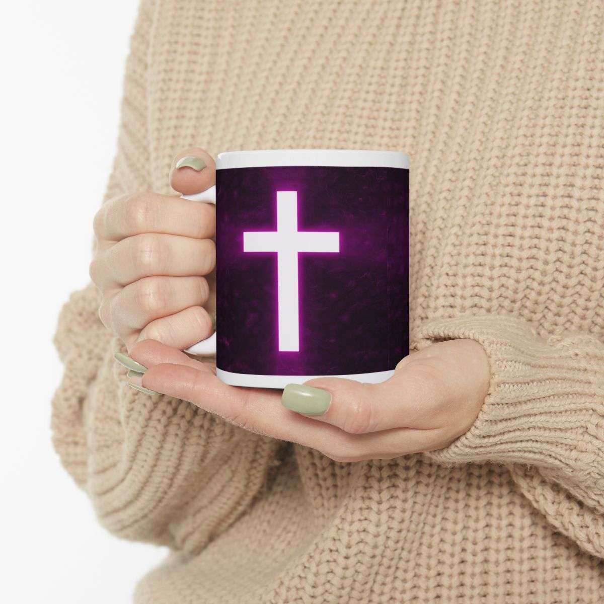 Christian Mug Bright Cross On A Dark Purple Background Right Side View Someone Holding The Mug