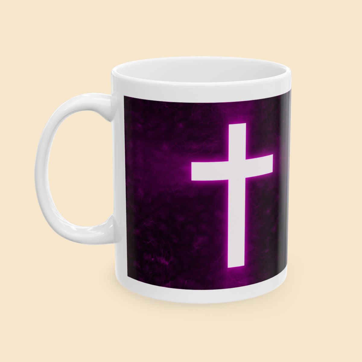 Christian Mug Bright Cross On A Dark Purple Background Right Side View