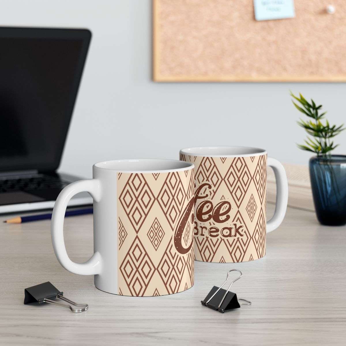 Coffee Break Diamond Design Ceramic Mug Two Mugs On A Desk