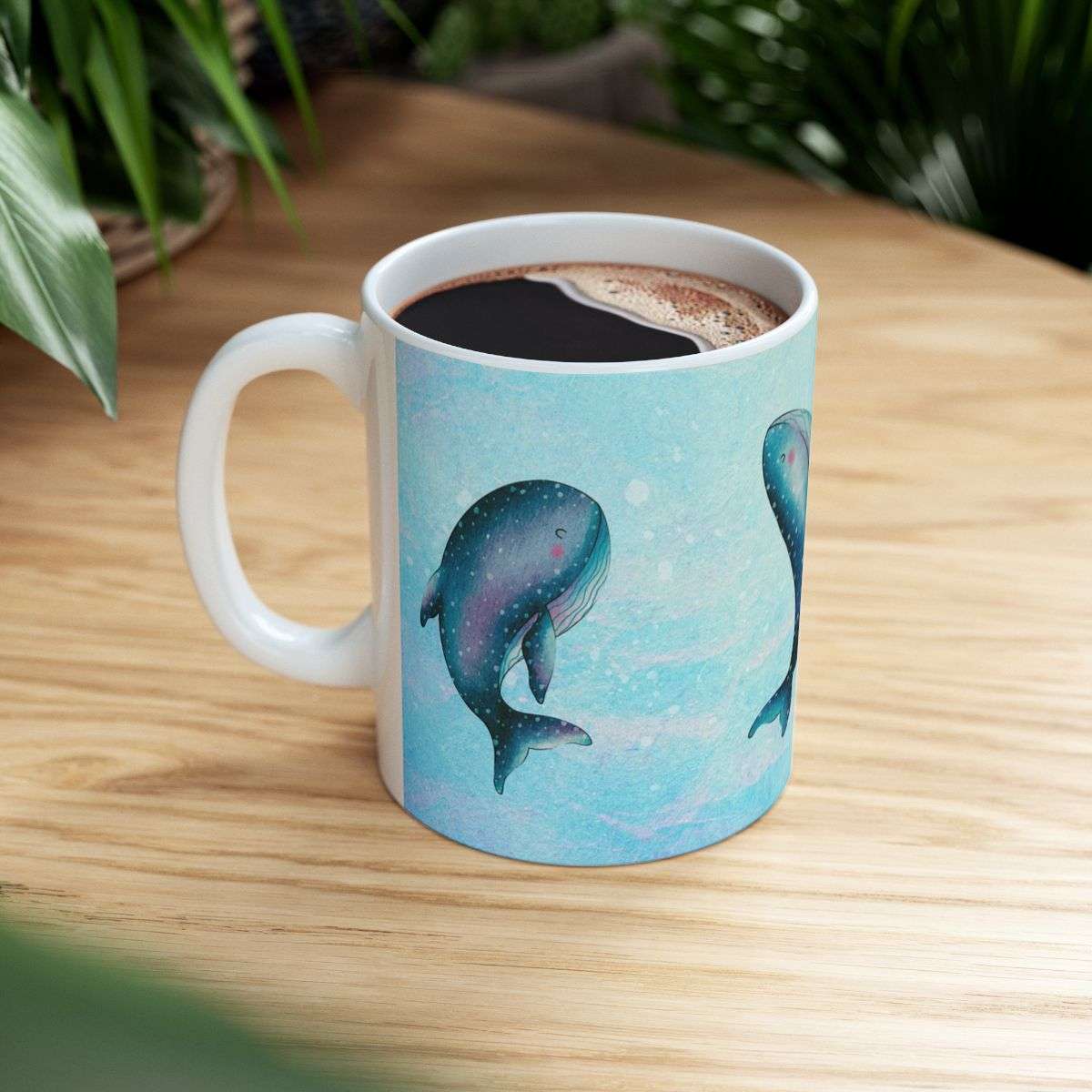 Cute Blue Whales Artwork Mug Filled With Coffee