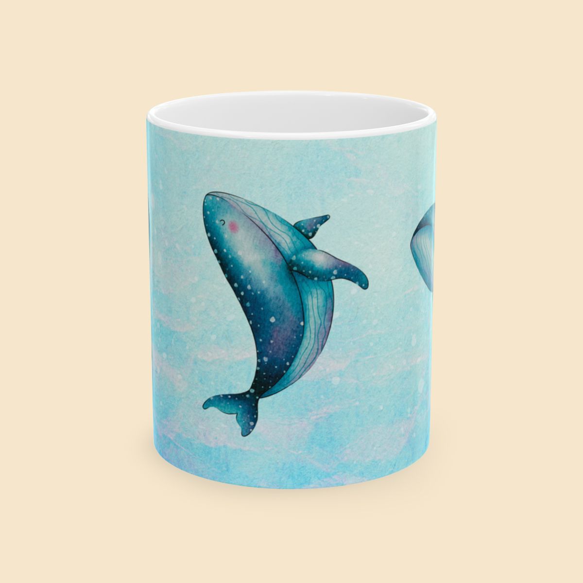 Cute Blue Whales Artwork Mug Front View