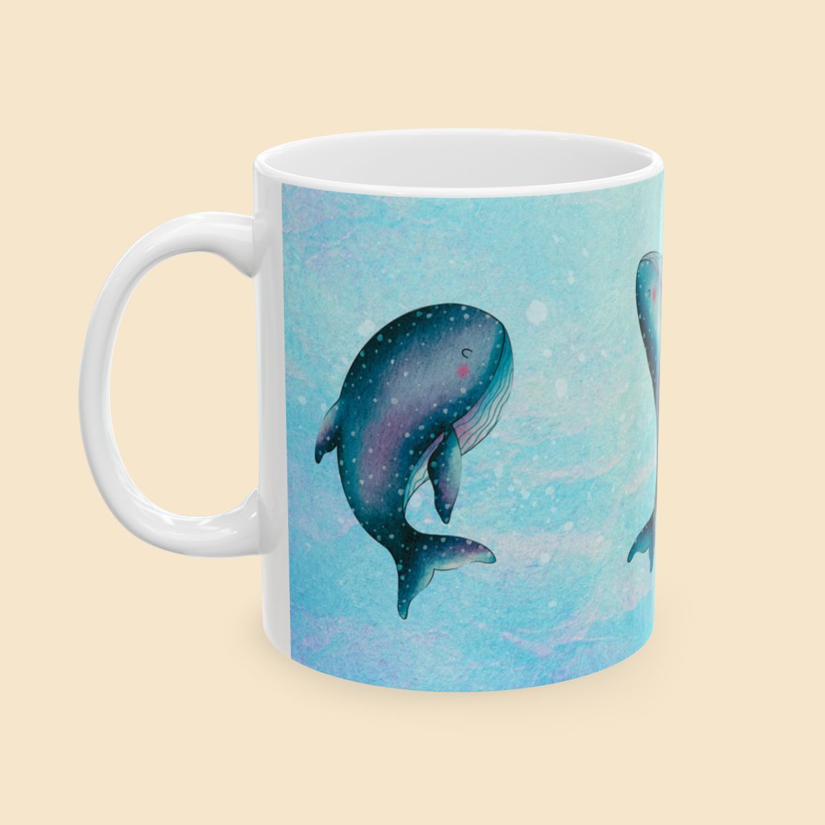 Cute Blue Whales Artwork Mug Right Side View