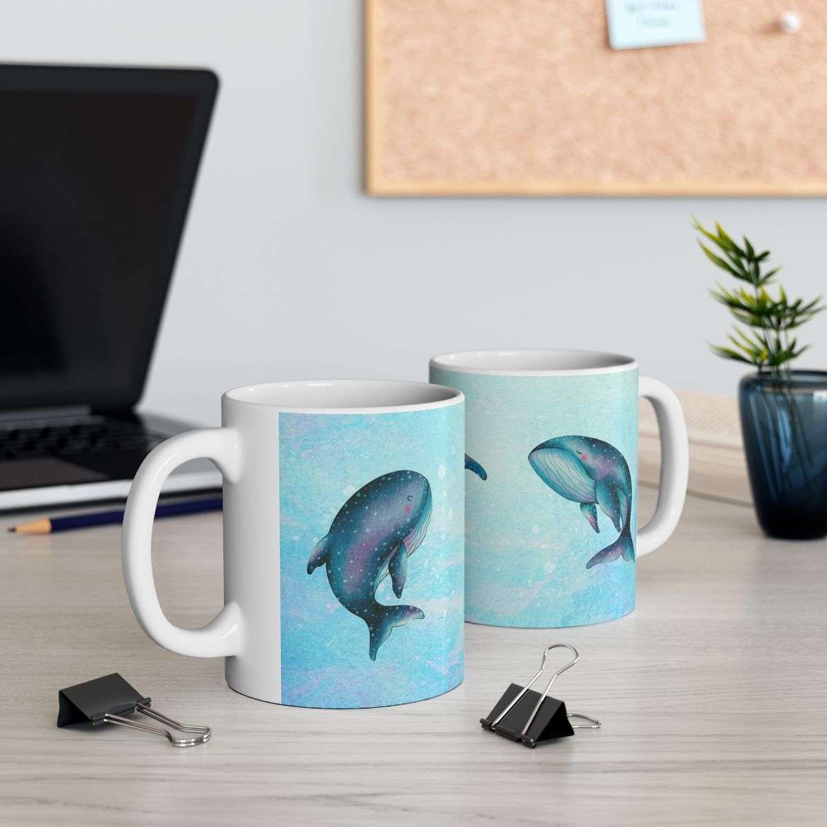 Cute Blue Whales Artwork Mug Two Mugs On A Desk