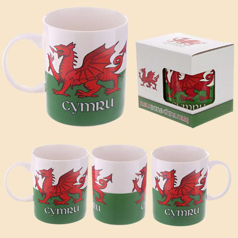 Cymru Wales Red Dragon Mug All Sides And Packaging