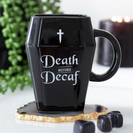 Death Before Decaf Coffin Shaped Mug