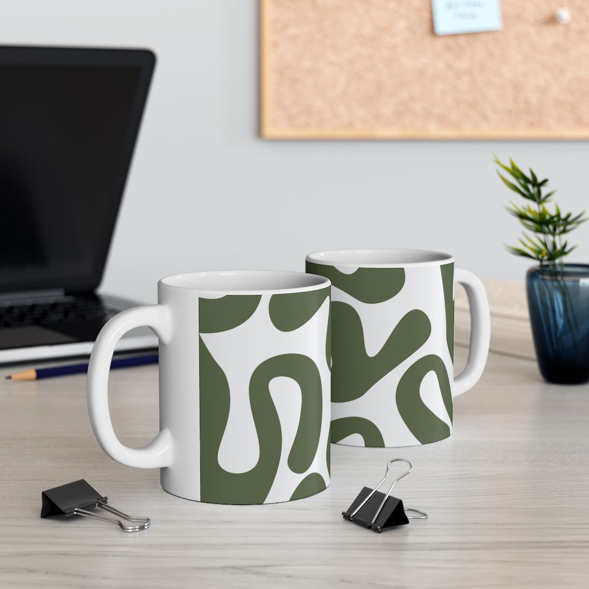 Green And White Animal Print Mug Two Mugs On A Desk