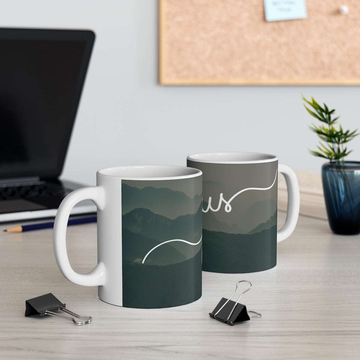 Inspirational Jesus Ceramic Coffee Mug - 11oz Two Mugs On A Desk