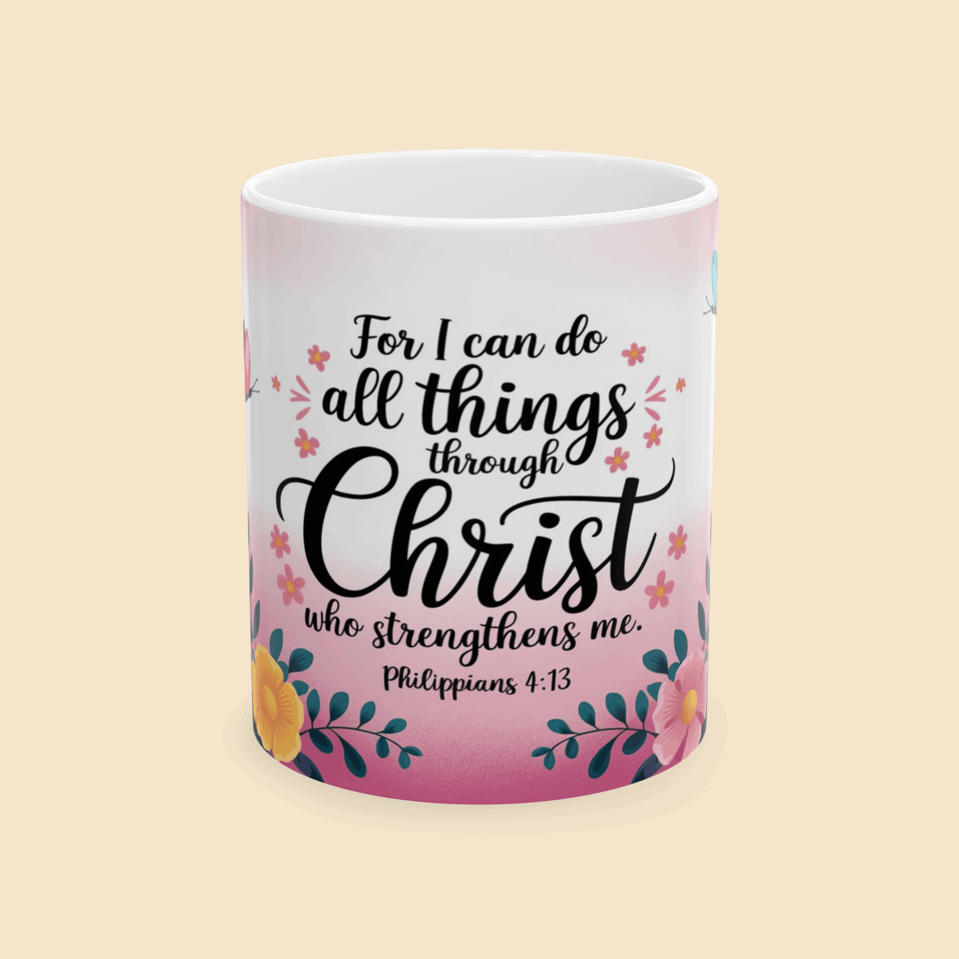 Inspirational Philippians 4:13 Bible Verse Ceramic Mug Front View