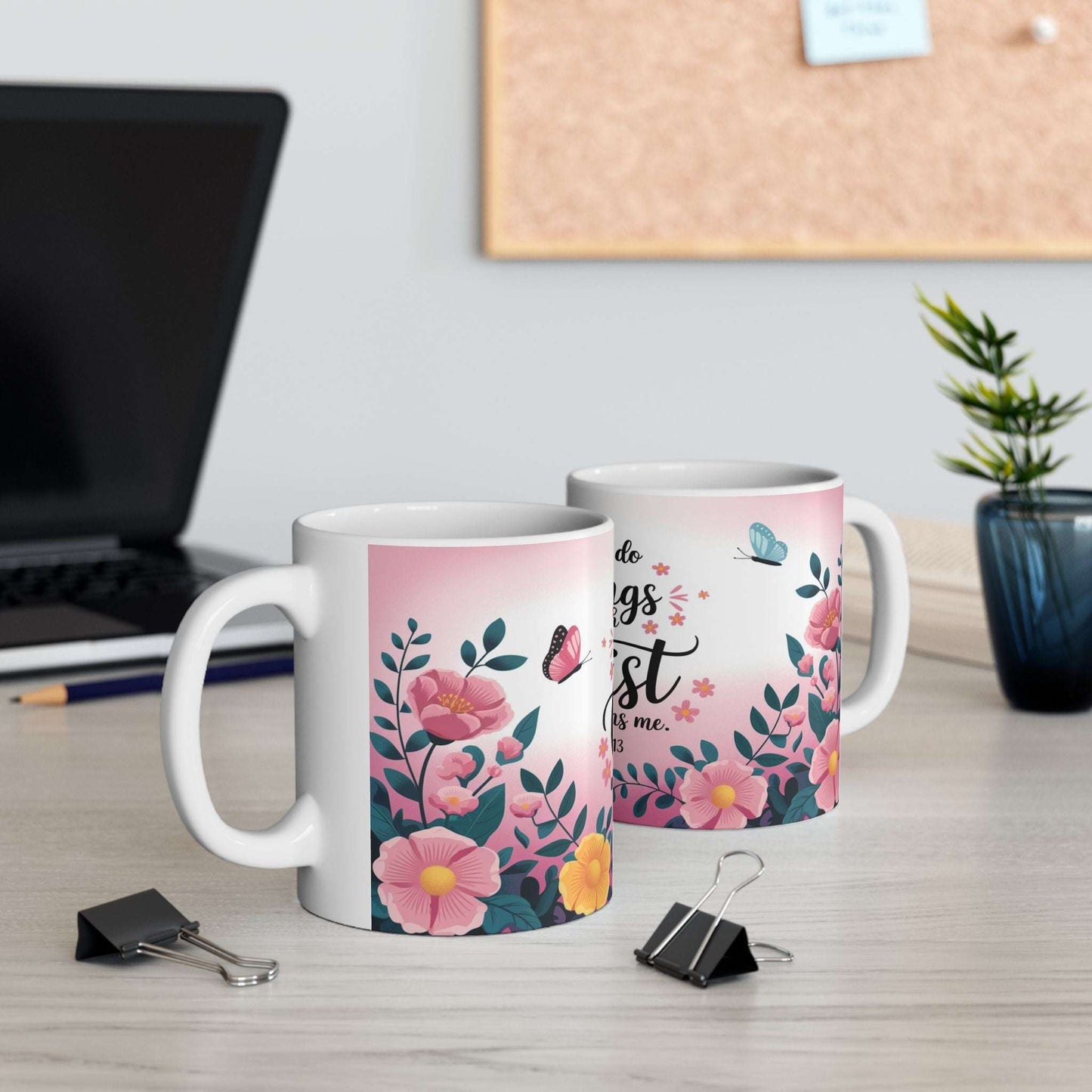 Inspirational Philippians 4:13 Bible Verse Ceramic Mug Two Mugs On A Desk