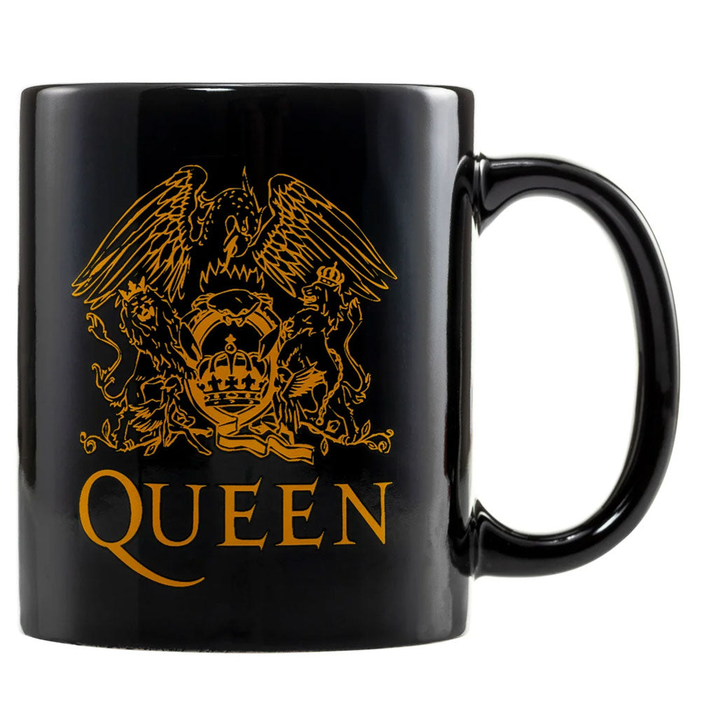 A black mug with the queen logo in gold on the side