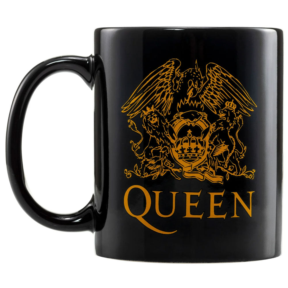 A black mug with the queen logo in gold on the right side