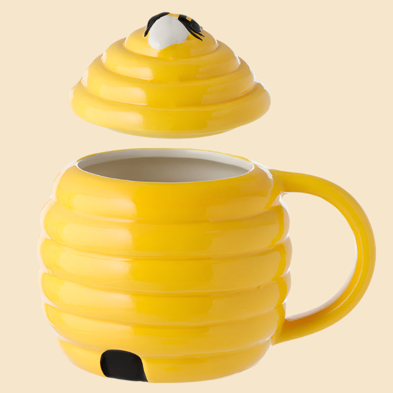 shaped beehive 3d ceramic mug left side view with the lid lifted off