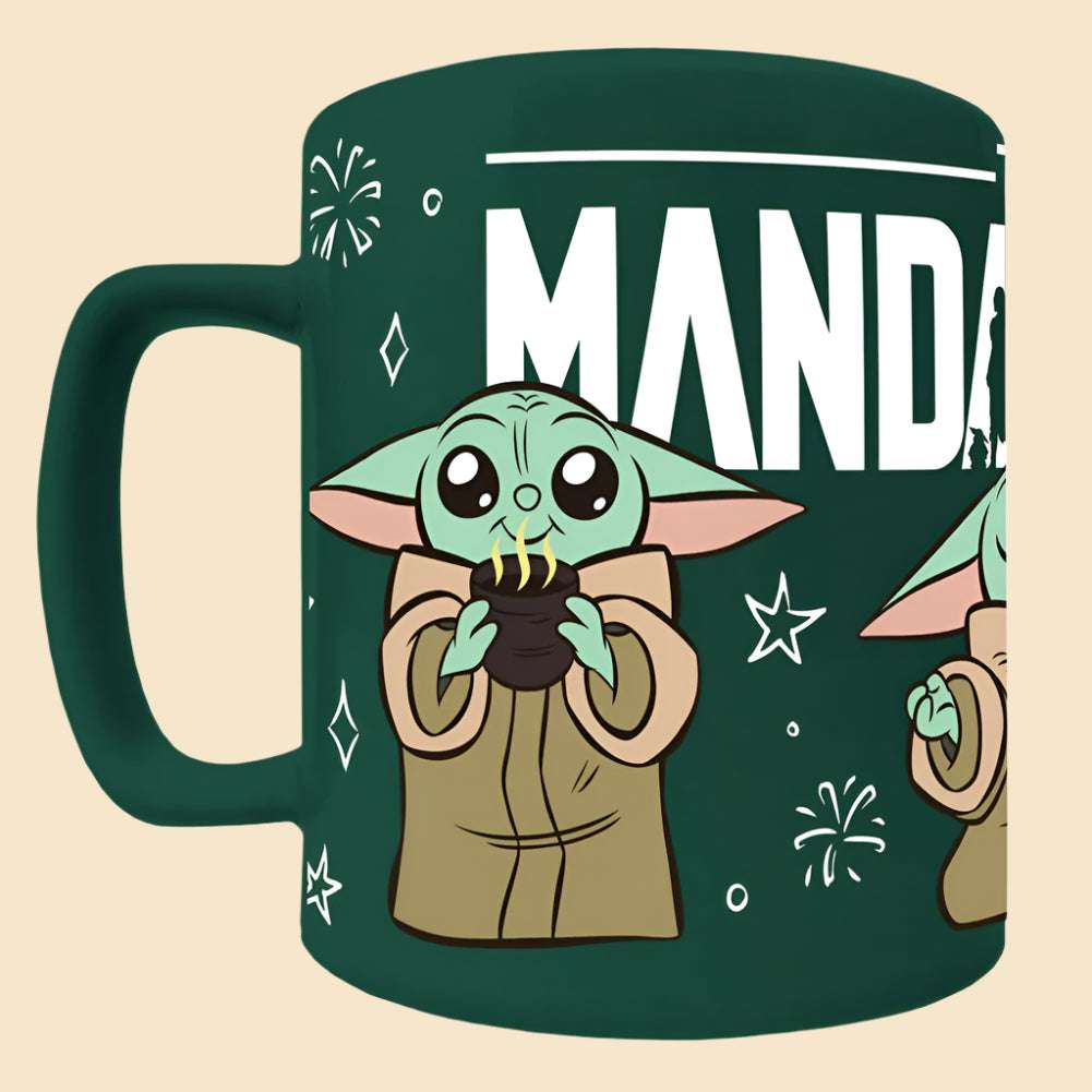 star wars the Mandalorian fuzzy grogu mug without the fuzzy cover on showing the right side of the mug