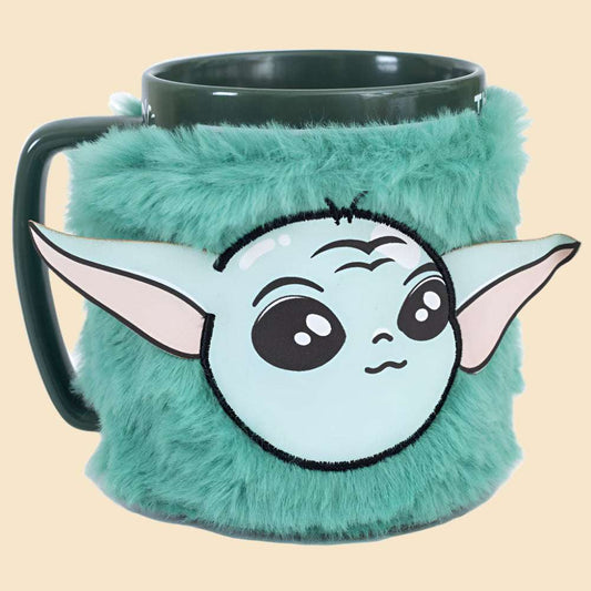 star wars the Mandalorian fuzzy grogu mug with the fuzzy cover on