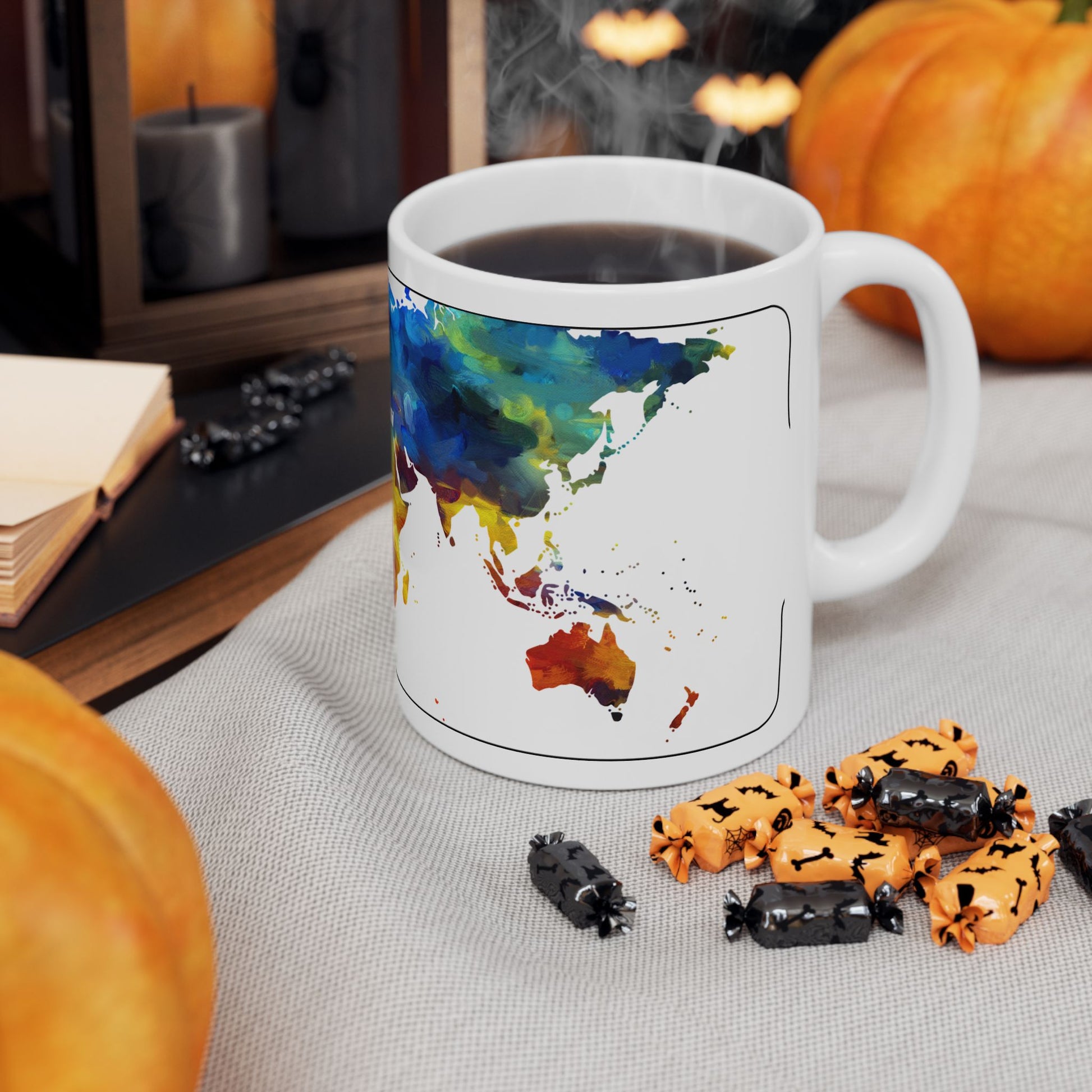 World Map Mug 11oz Ceramic Mug Next To Sweets