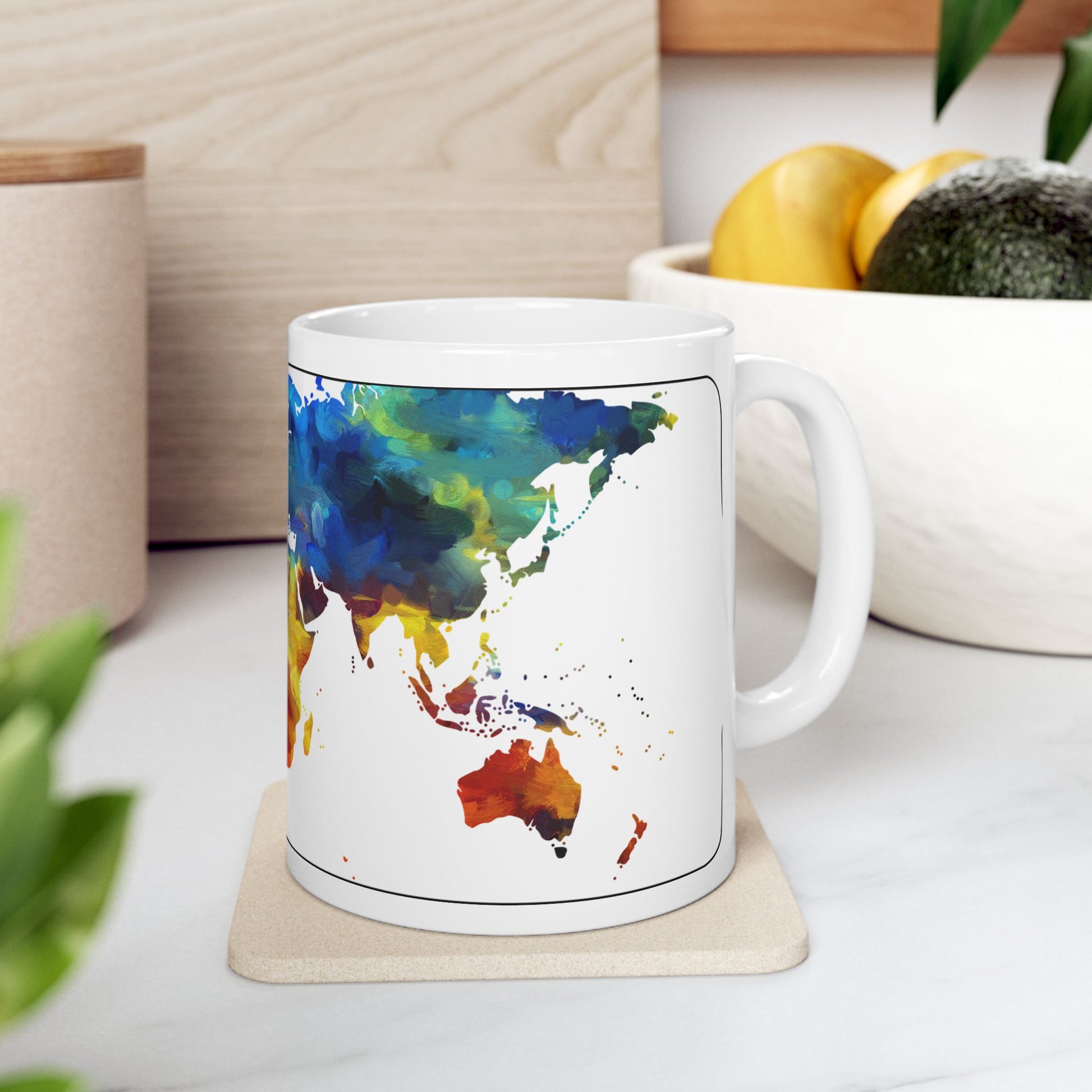 World Map Mug 11oz Ceramic Mug On A Coaster