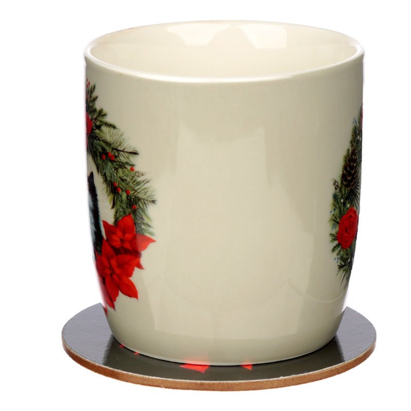 Christmas Porcelain Mug & Coaster Set - Kim Haskins Christmas Wreath Cat - The Mug GalleryMug