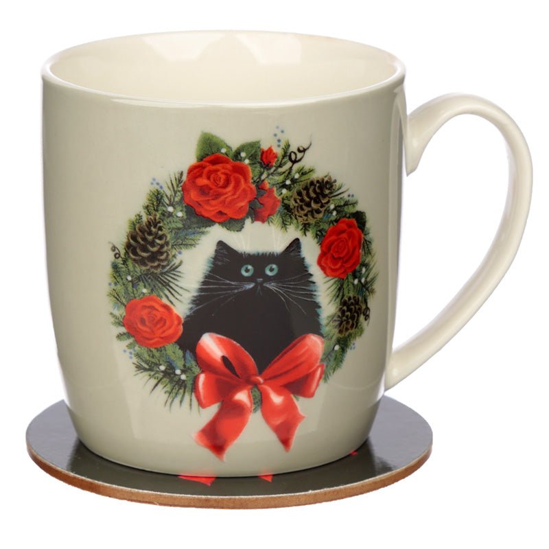 Christmas Porcelain Mug & Coaster Set - Kim Haskins Christmas Wreath Cat - The Mug GalleryMug