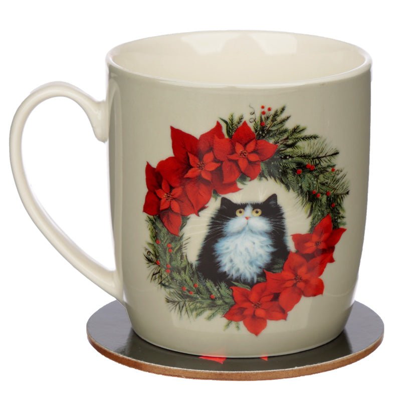 Christmas Porcelain Mug & Coaster Set - Kim Haskins Christmas Wreath Cat - The Mug GalleryMug