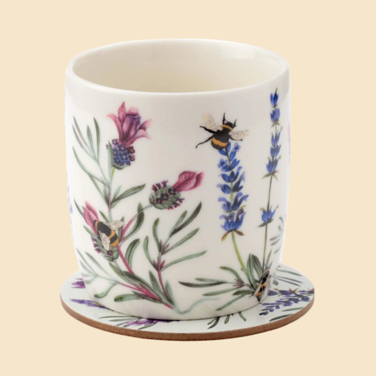 Flowers And Bees Design Porcelain Mug And Coaster Set Front View