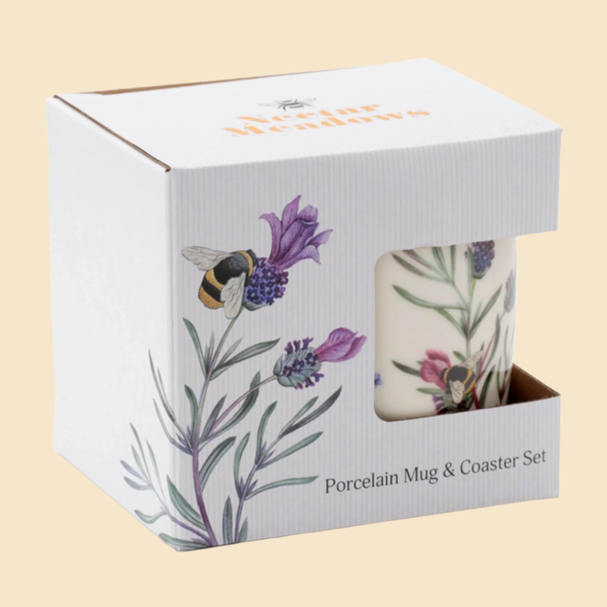 Flowers And Bees Design Porcelain Mug And Coaster Set In Its Packaging