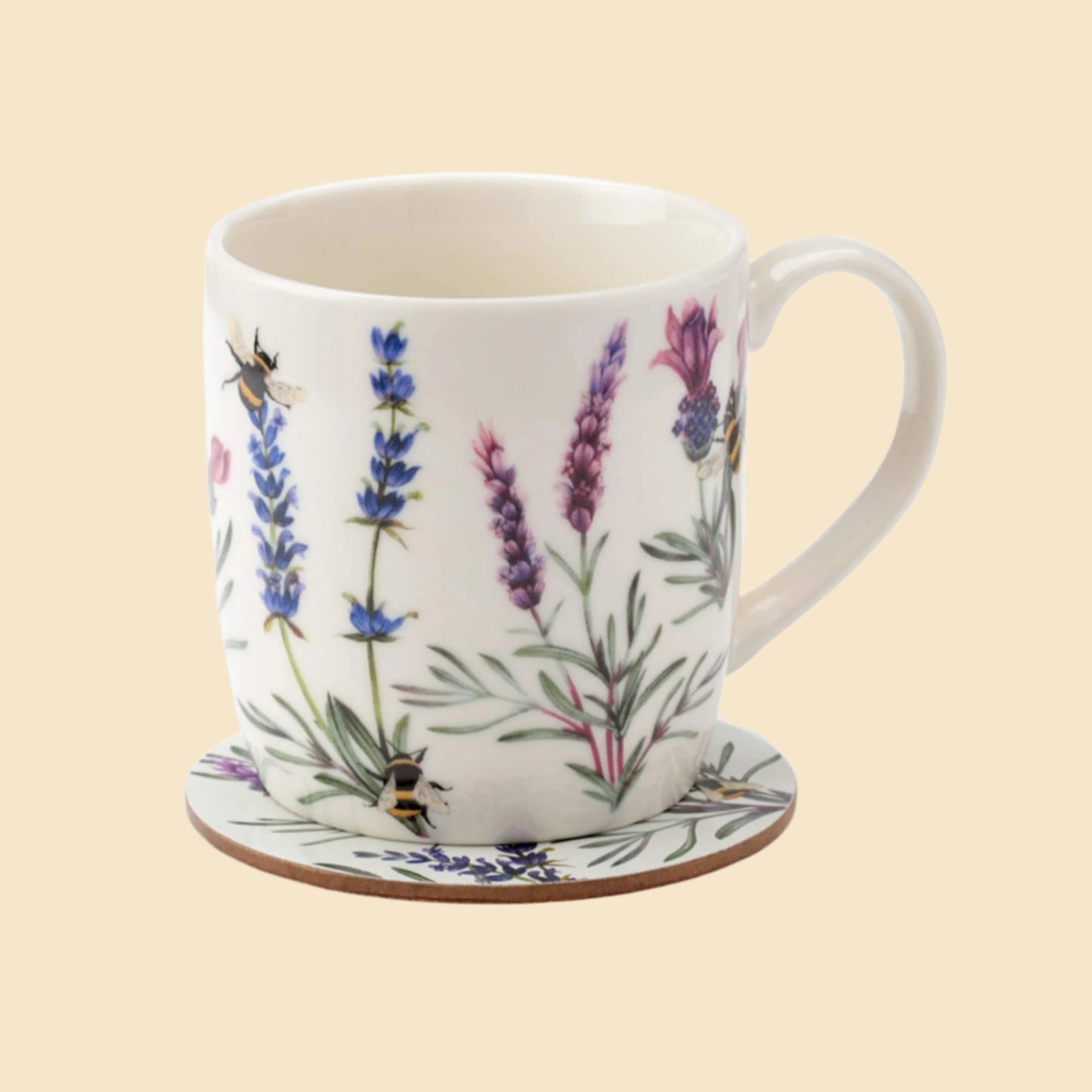 Flowers And Bees Design Porcelain Mug And Coaster Set Left Side View