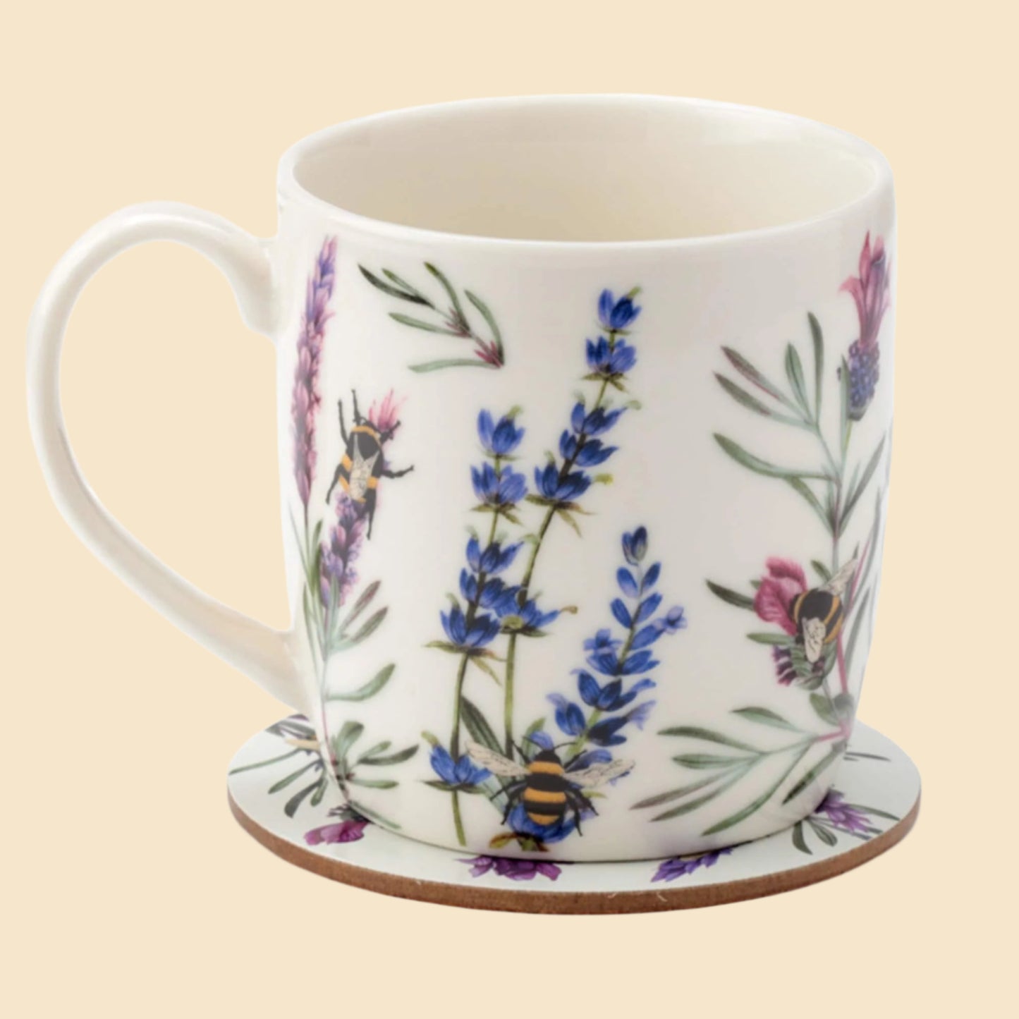 Flowers And Bees Design Porcelain Mug And Coaster Set Right Side View