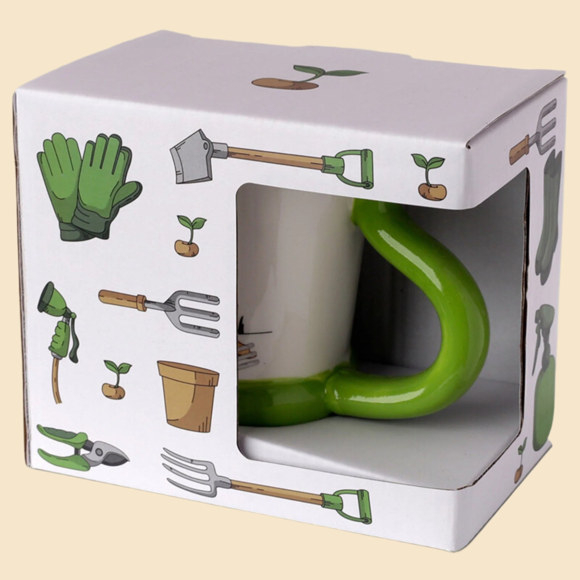 Gardener Mug with Garden Hose Shaped Handle In Its Packaing