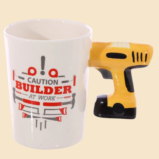 Novelty Builders Mug with Drill Shaped Handle Left Side View