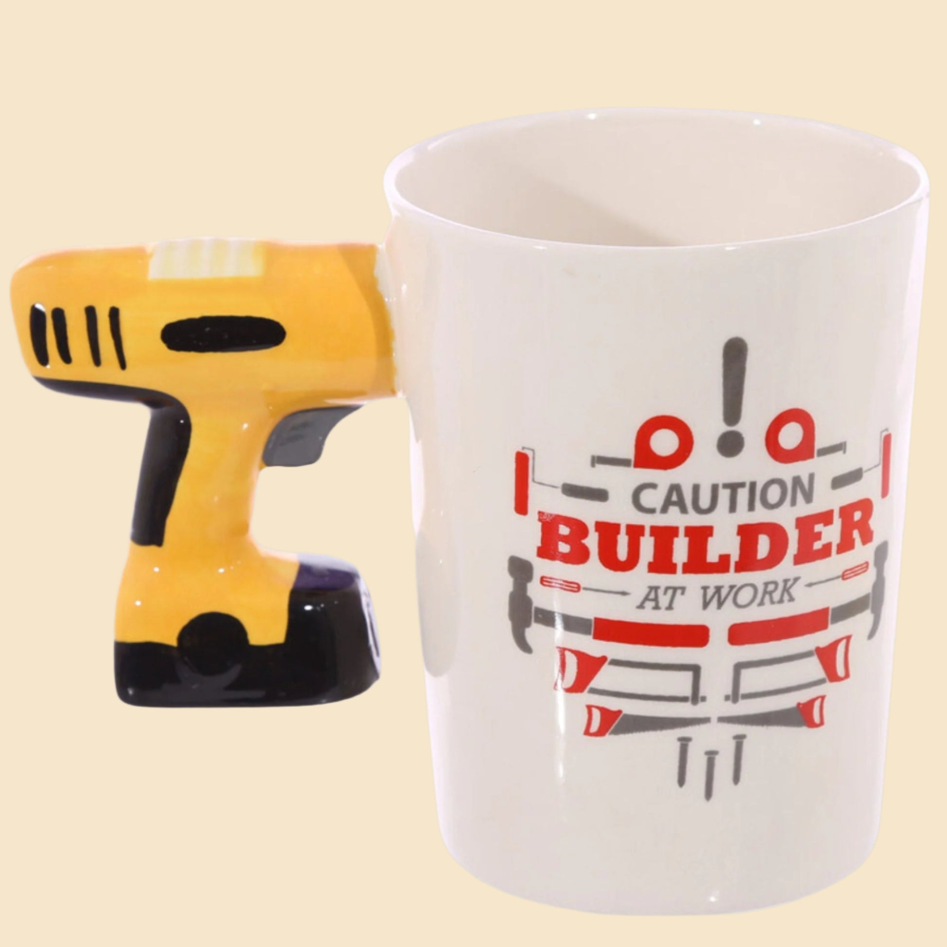 Novelty Builders Mug with Drill Shaped Handle Right Side View