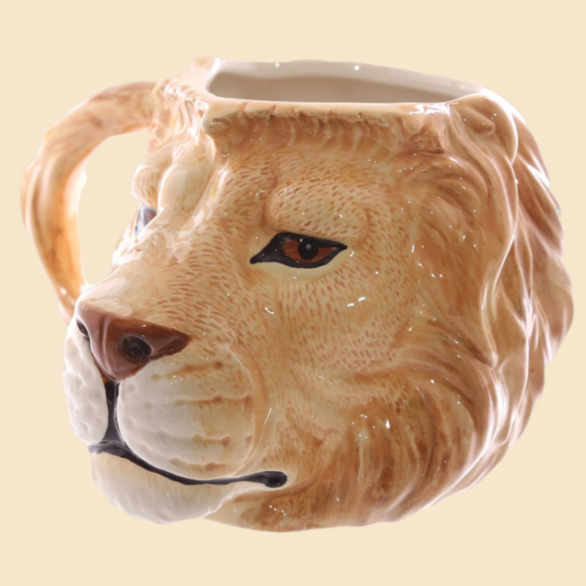 Novelty Lion Head Shaped Ceramic Mug - A Roaringly Unique Coffee Cup Front Right View