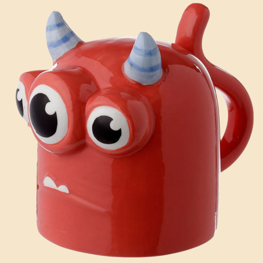 Red Monstarz Novelty Ceramic Upside Down Mug Front View